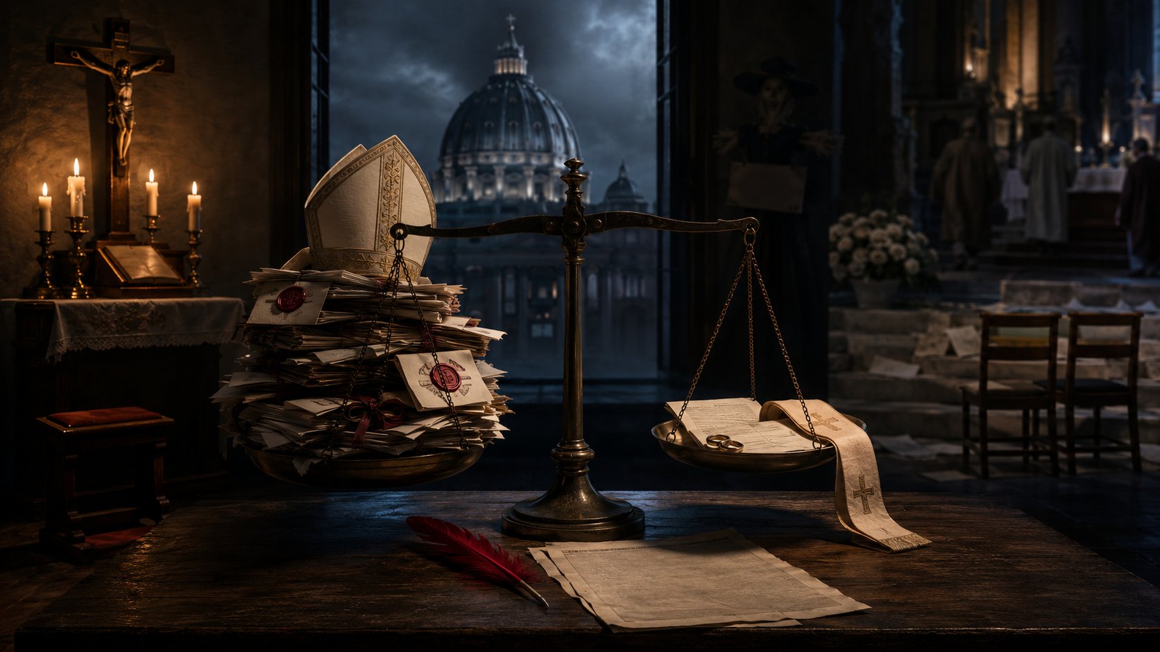 Balança eclesiástica com documentos, mitra episcopal e uma bênção simbólica diante da Basílica de São Pedro