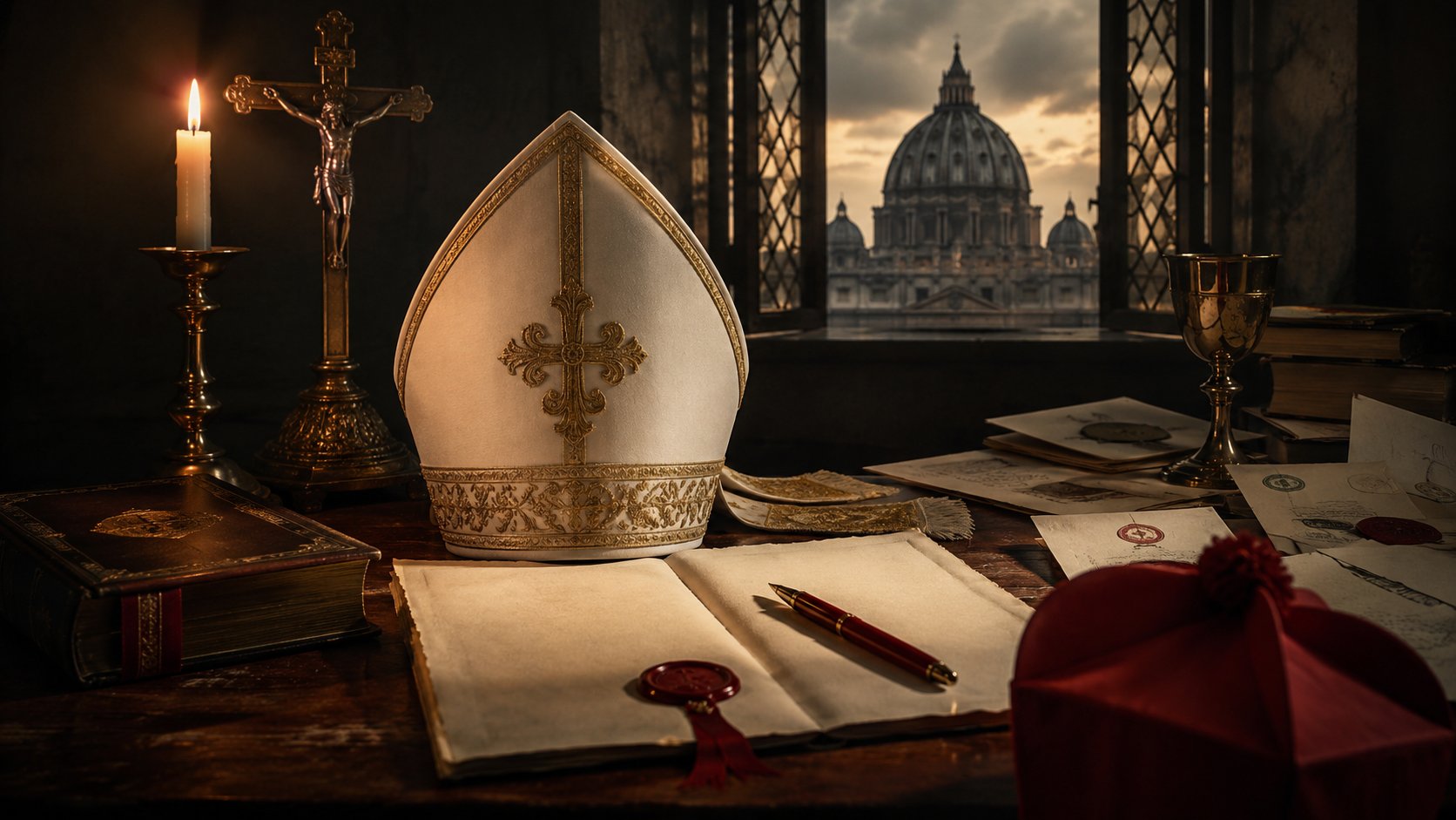 Mitra episcopal diante da Basílica de São Pedro, com documentos e vela acesa