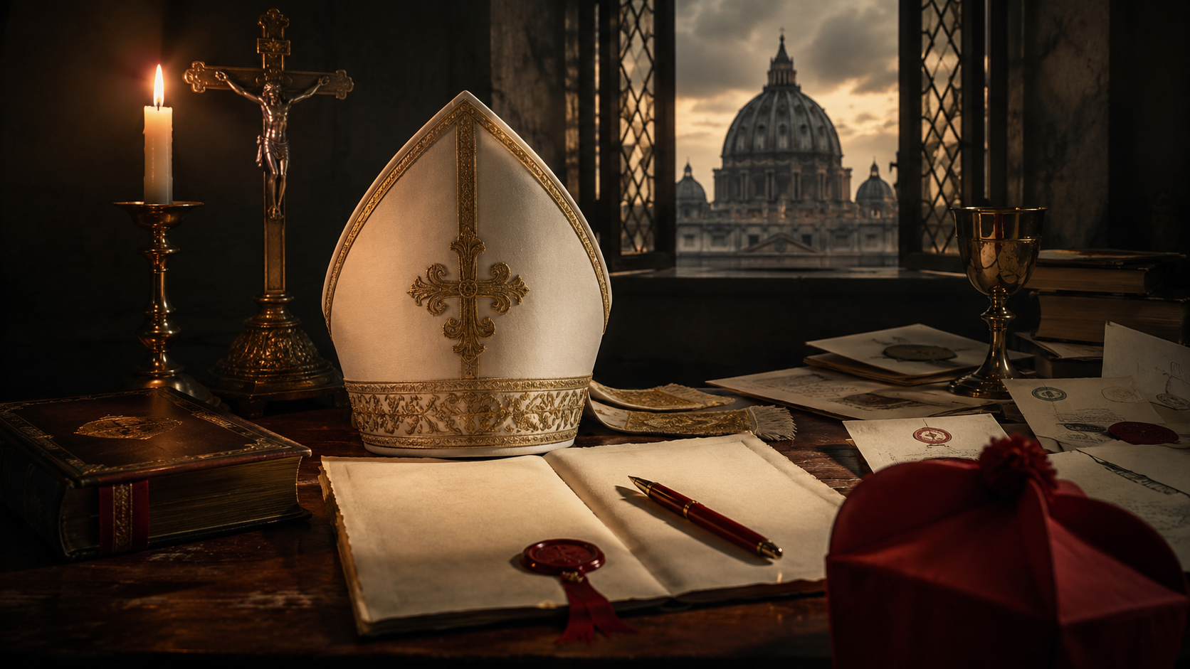 Mitra episcopal diante da Basílica de São Pedro, com documentos e vela acesa