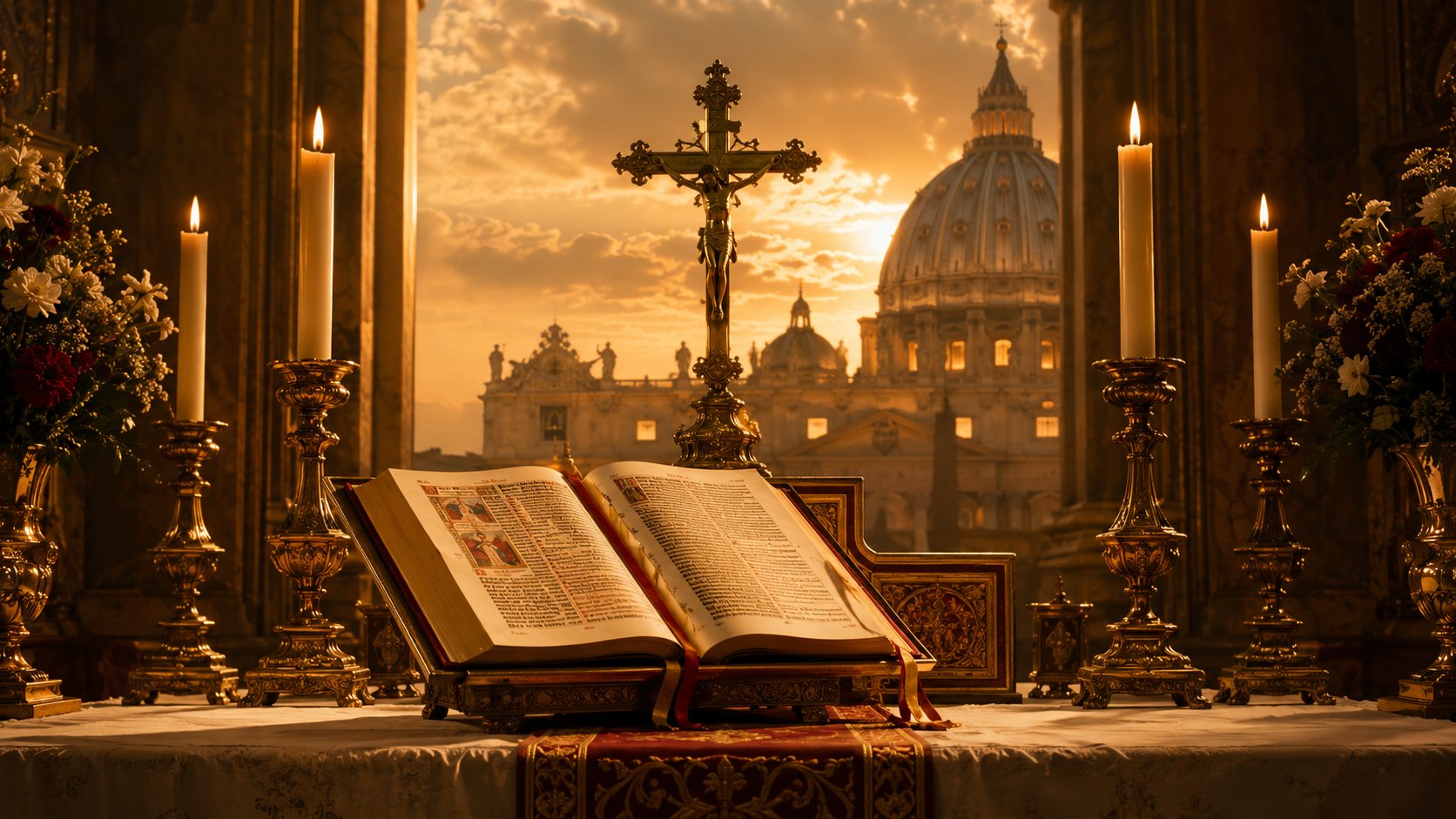 Basílica de São Pedro ao fundo com um missal tradicional aberto sobre o altar