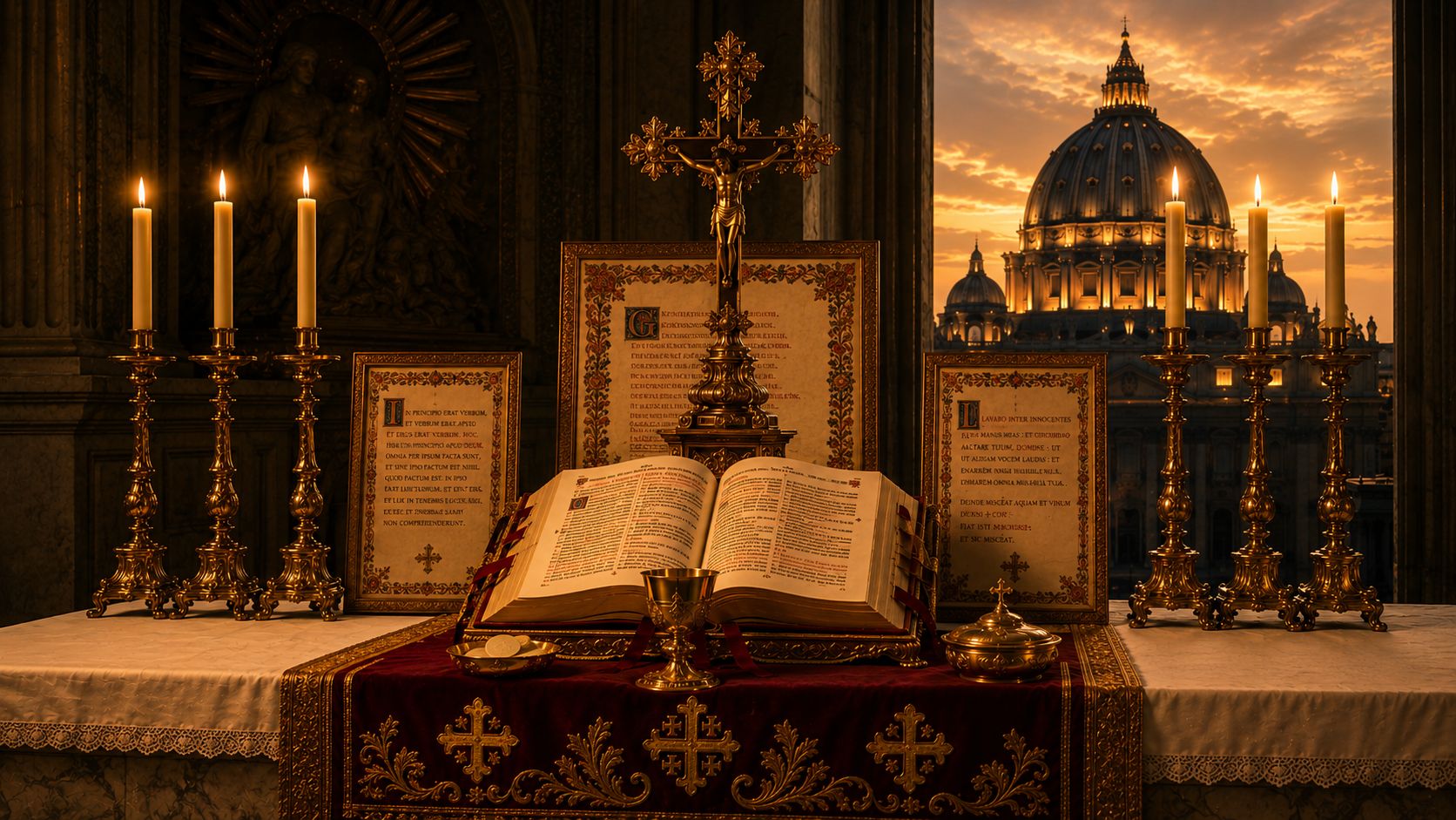 Missal romano antigo aberto sobre altar com velas acesas e a cúpula de São Pedro ao fundo
