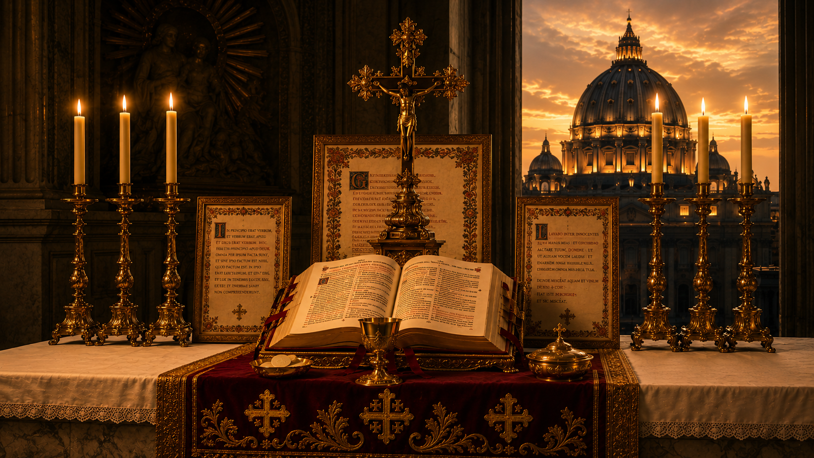 Missal romano antigo aberto sobre altar com velas acesas e a cúpula de São Pedro ao fundo