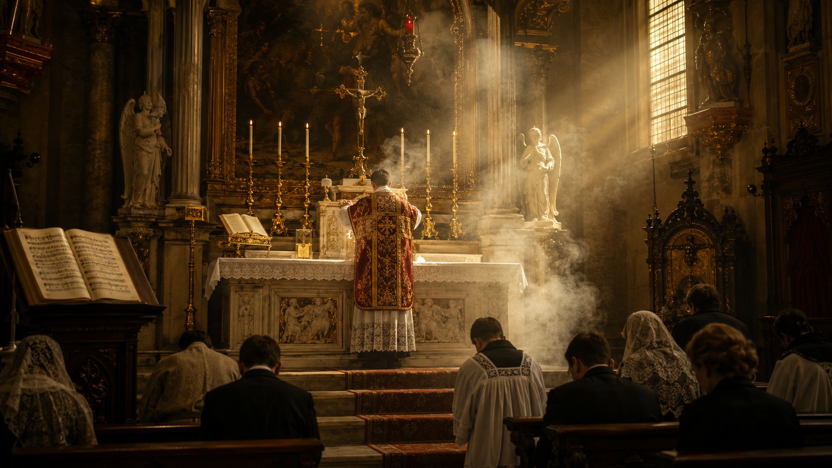 Sacerdote celebrando a Missa Tridentina diante de um altar tradicional, entre velas, incenso e fiéis recolhidos