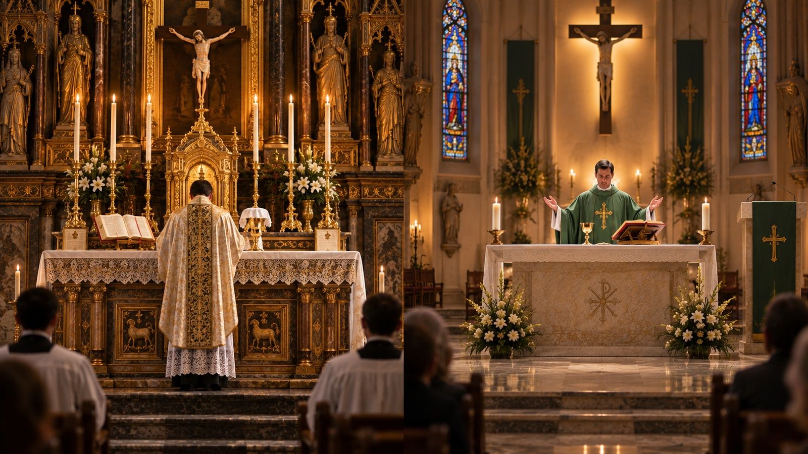 Comparação entre o altar da Missa Tridentina e o altar da Missa Nova de Paulo VI.