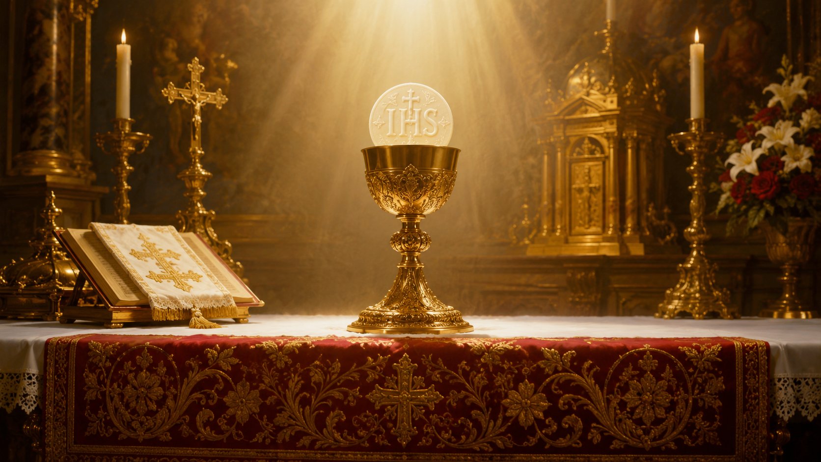 Cálice e hóstia consagrada sobre o altar