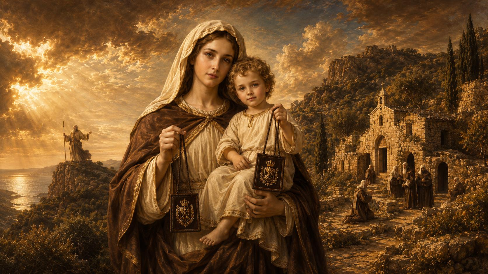 Nossa Senhora do Carmo com o Menino Jesus e o escapulário diante do Monte Carmelo