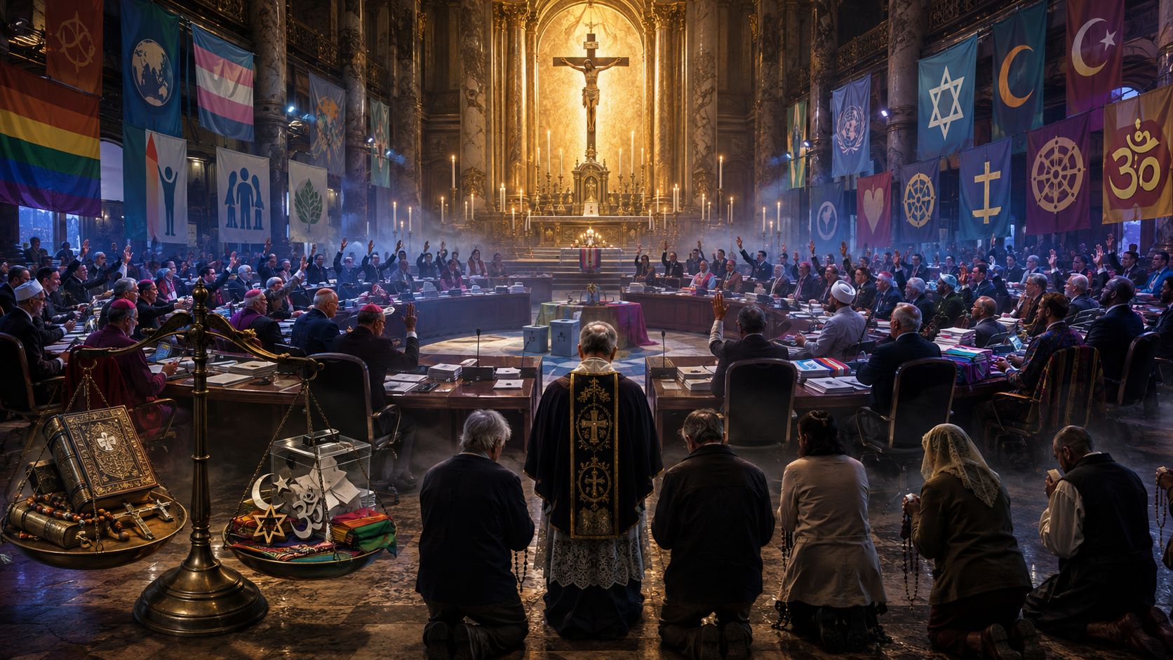 Assembleia sinodal em uma basílica católica, com bandeiras LGBTQI e símbolos progressistas avançando em direção ao altar, enquanto o crucifixo permanece iluminado ao fundo.